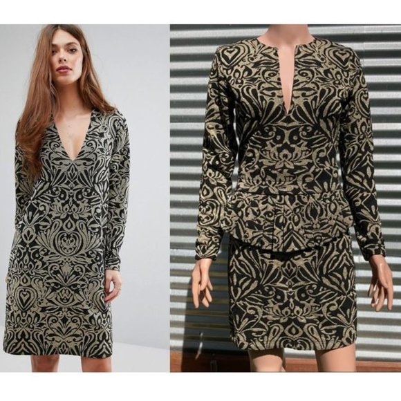 Ganni Schiffer Glitter Print Long Sleeve Peplum Dress Gold Size S NWT